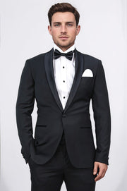 Slim fit saten şal yaka siyah damatlık